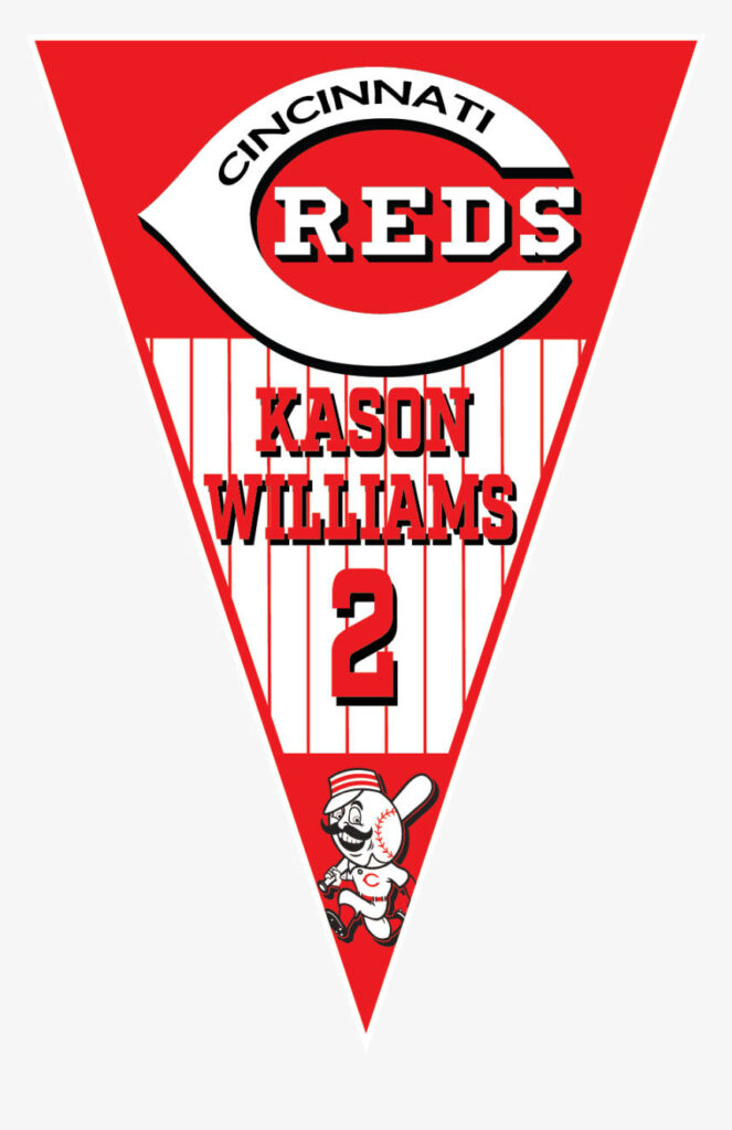 Cincinnati Reds wallpaper with bold red banner Kason Williams number 2 and vintage mascot bat swing