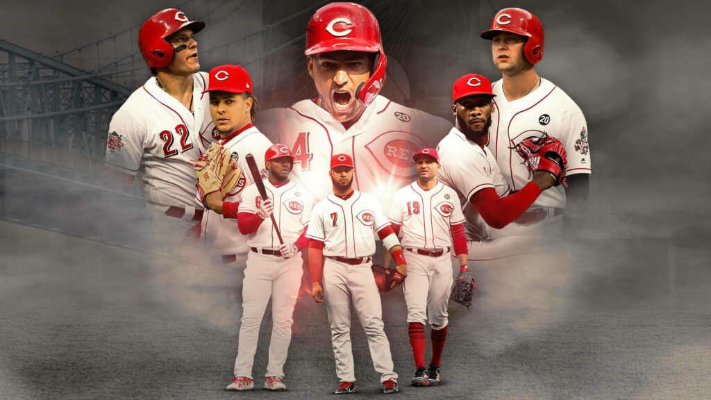 Cincinnati Reds players collage in white and red uniforms with smoky stadium background wallpaper