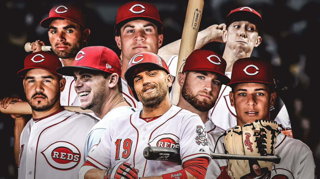 Cincinnati Reds players in red white uniforms on stadium blurred background dynamic wallpaper
