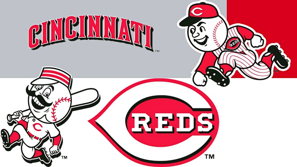 Cincinnati Reds wallpaper with vintage and modern Mr Red logos in red white and gray colors
