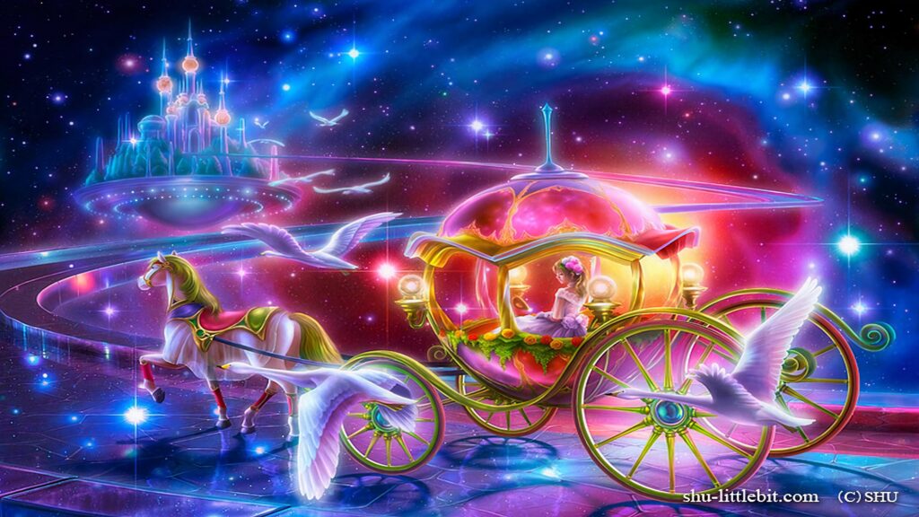 Cinderella magical coach glowing in pink purple blue with castle and doves cosmic fantasy wallpaper
