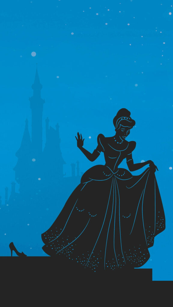 Cinderella silhouette in ball gown with Disney castle and glass slipper on sparkling blue background Wallpaper