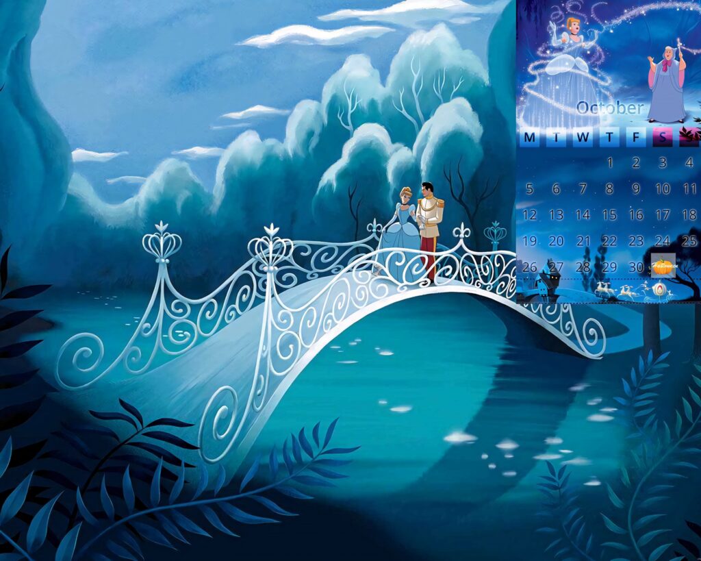 Cinderella and Prince Charming on white bridge with blue foliage and October calendar wallpaper
