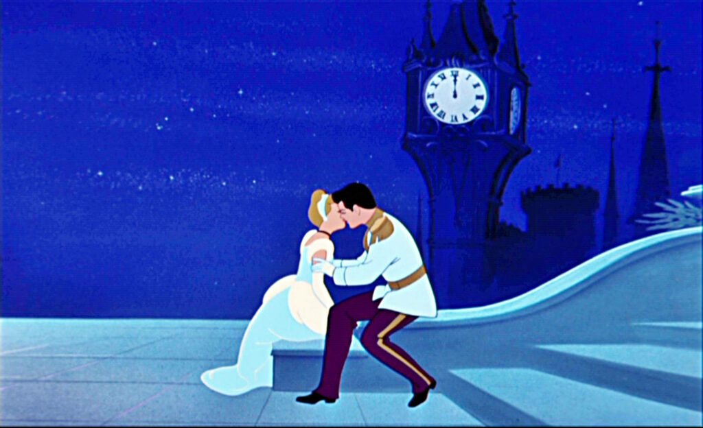 Cinderella and Prince Charming share a magical midnight kiss under starry sky with clock tower Wallpaper