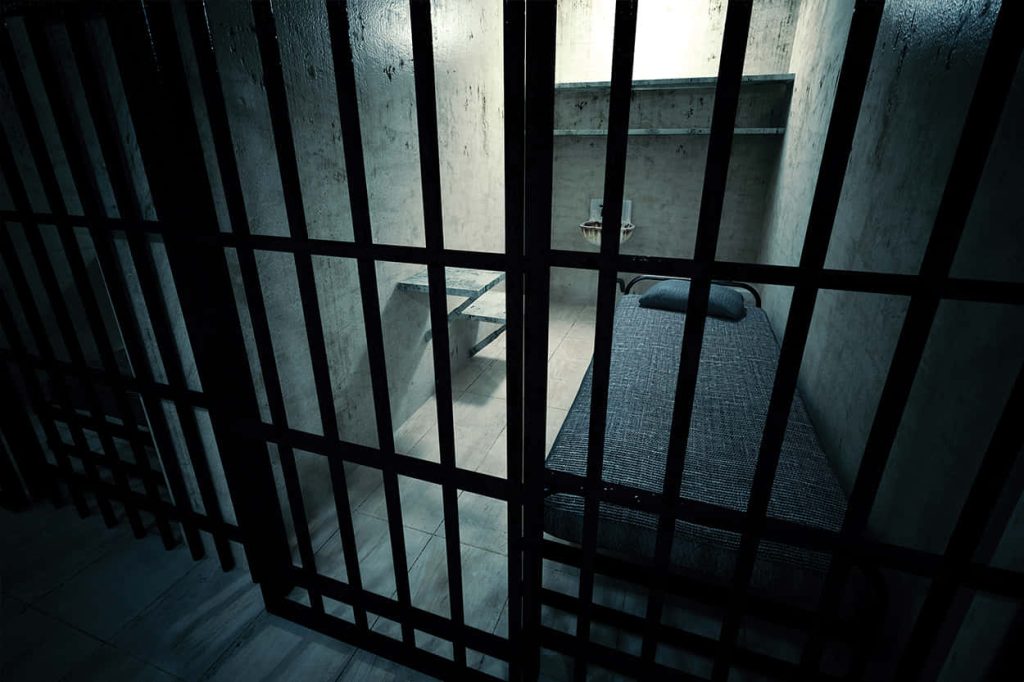 Desolate 3D CGI prison cell view through iron bars minimalist concrete room moody wallpaper