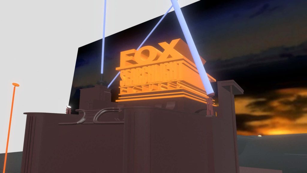 Cinematic 3D Fox Searchlight Pictures logo glowing gold with blue lights and sunset sky background Wallpaper
