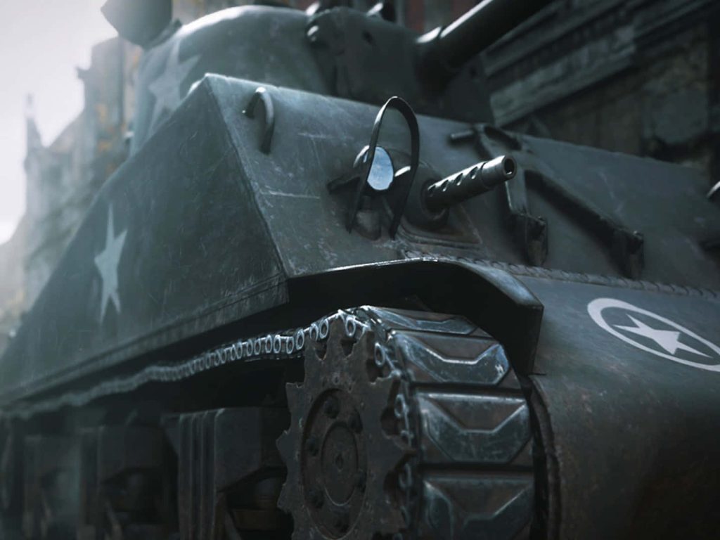 Close-up 3D M4 Sherman tank with US Army star in gritty WWII city setting wallpaper background