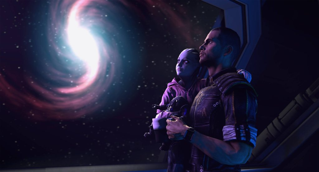 Cinematic 4K art of man holding Asari child on spaceship with dramatic purple nebula view Wallpaper