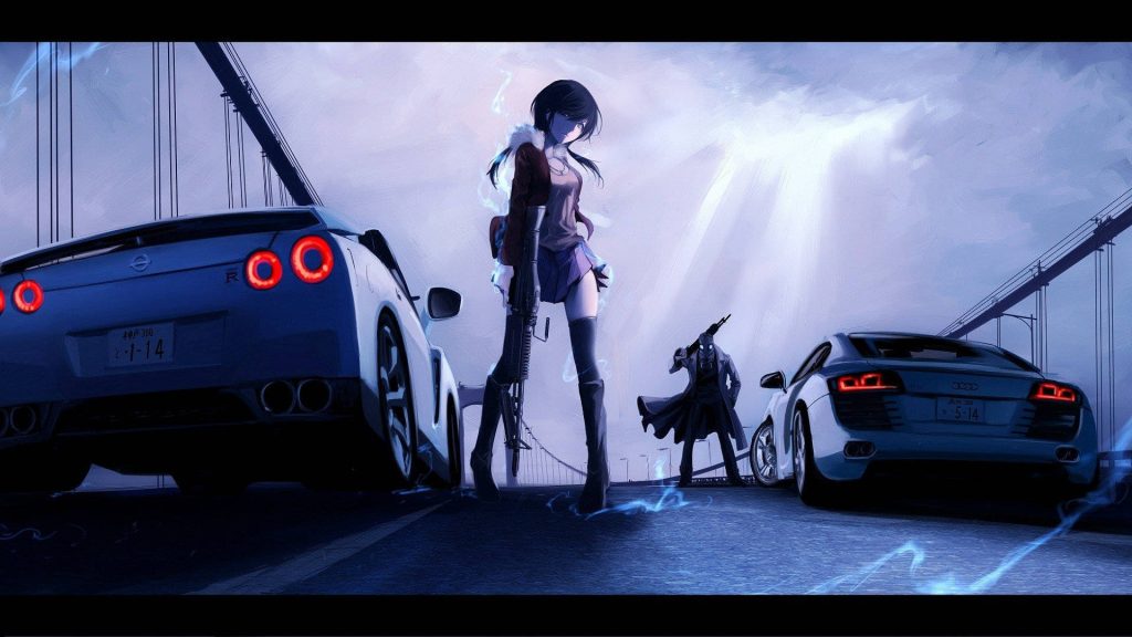Cinematic anime female fighter with rifle between Nissan GTR and Audi R8 on blue bridge background Wallpaper