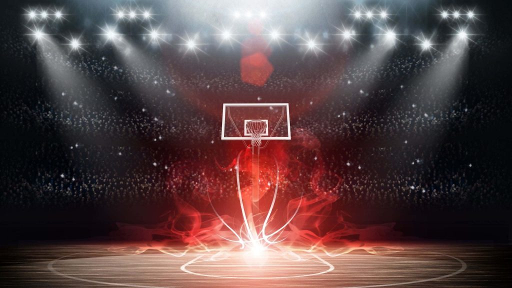 Cinematic basketball hoop glowing red in dark arena spotlight dramatic sports wallpaper background