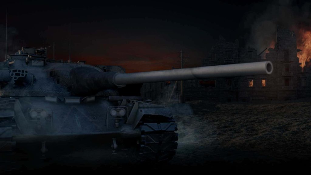 Cinematic CGI tank wallpaper heavy battle tank in dark war-torn landscape with burning ruins