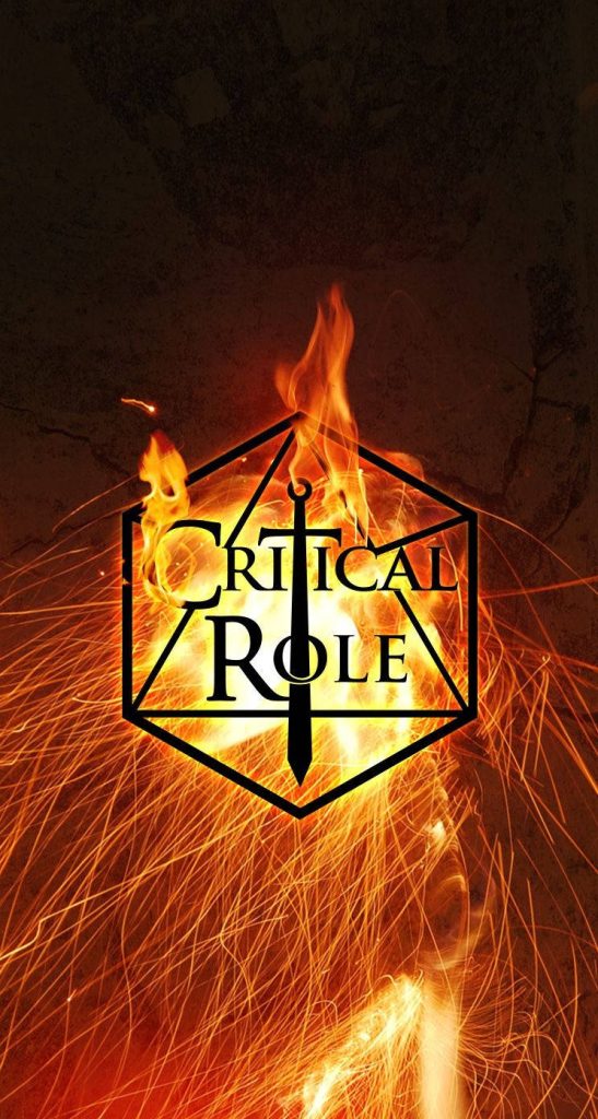 Critical Role wallpaper with hexagonal sword logo and fiery orange flame background sparks