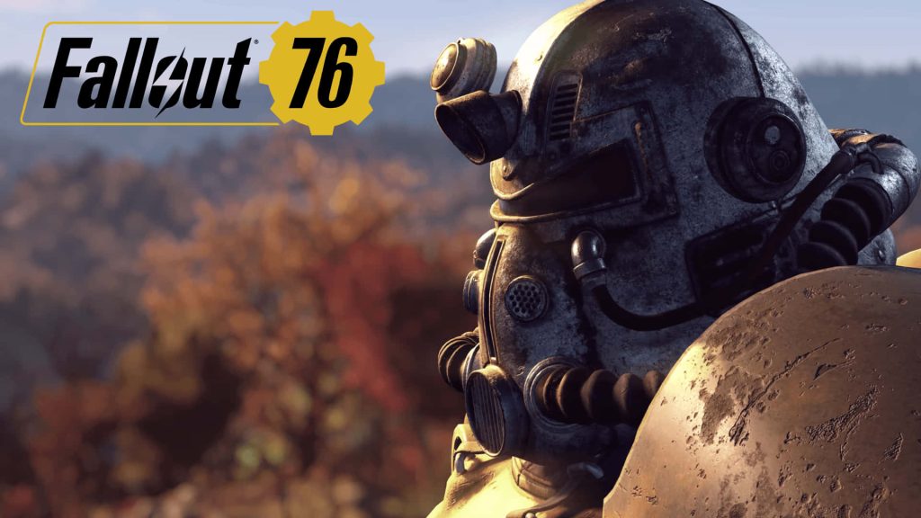 Fallout 76 wallpaper weathered T-51 Power Armor helmet in warm sunlight autumn Appalachian forest