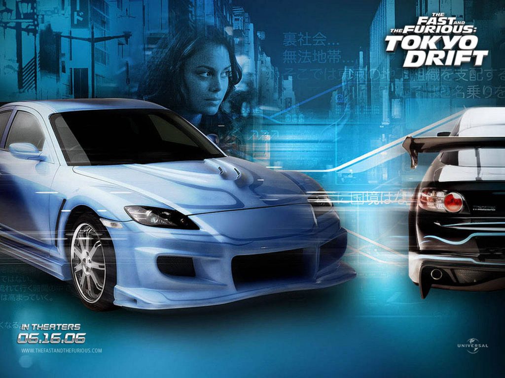 Fast and Furious Tokyo Drift blue RX-8 with neon Tokyo cityscape and Japanese text wallpaper
