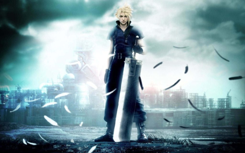 Cinematic Final Fantasy wallpaper of Cloud Strife with Buster Sword in moody Midgar scene