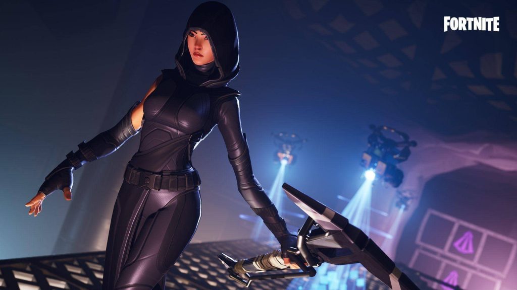 Fortnite Fade skin wallpaper with hooded warrior blade neon purple techwear dark gaming background