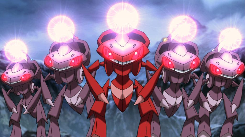 Cinematic anime wallpaper of five Genesect with glowing cannons and red Shiny center Genesect