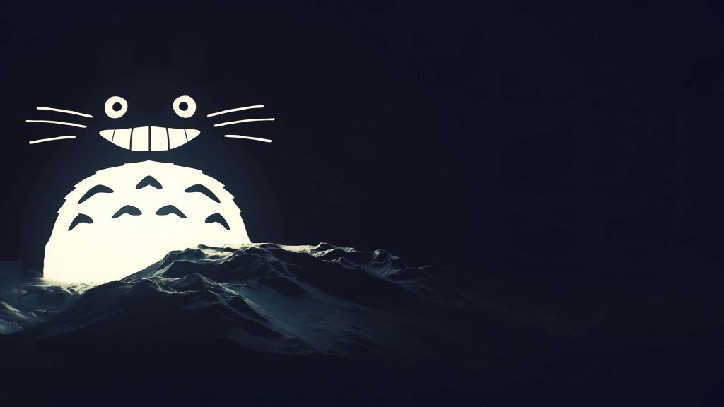 Cinematic anime wallpaper with glowing Totoro moon over dark rugged mountain landscape background