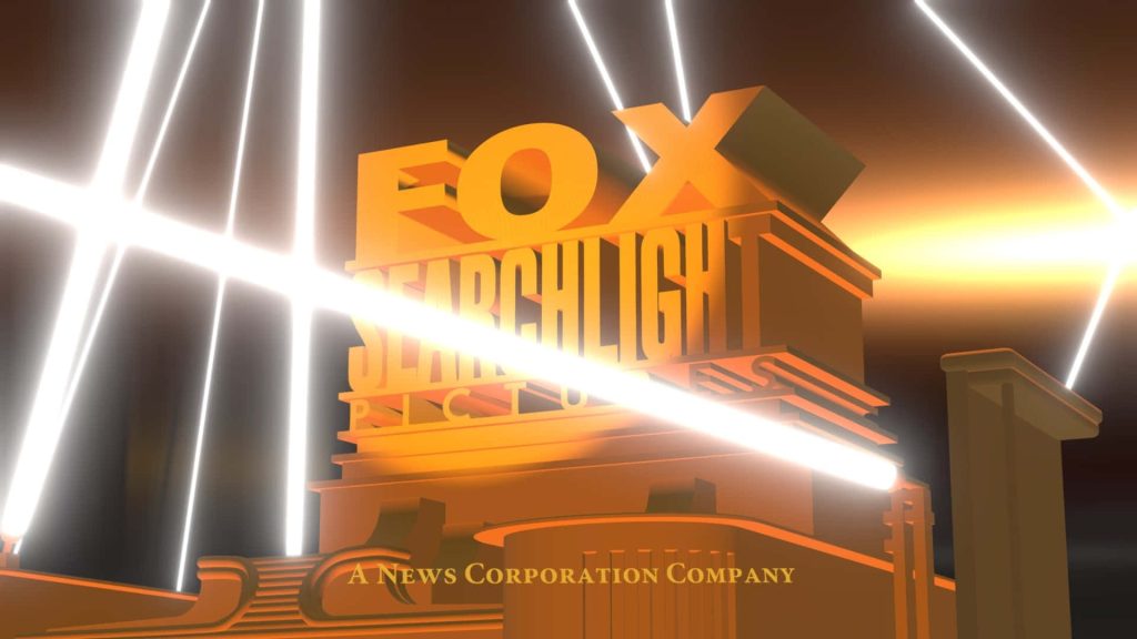 3D CGI golden Fox Searchlight Pictures logo with bright spotlights on dark cinematic background Wallpaper