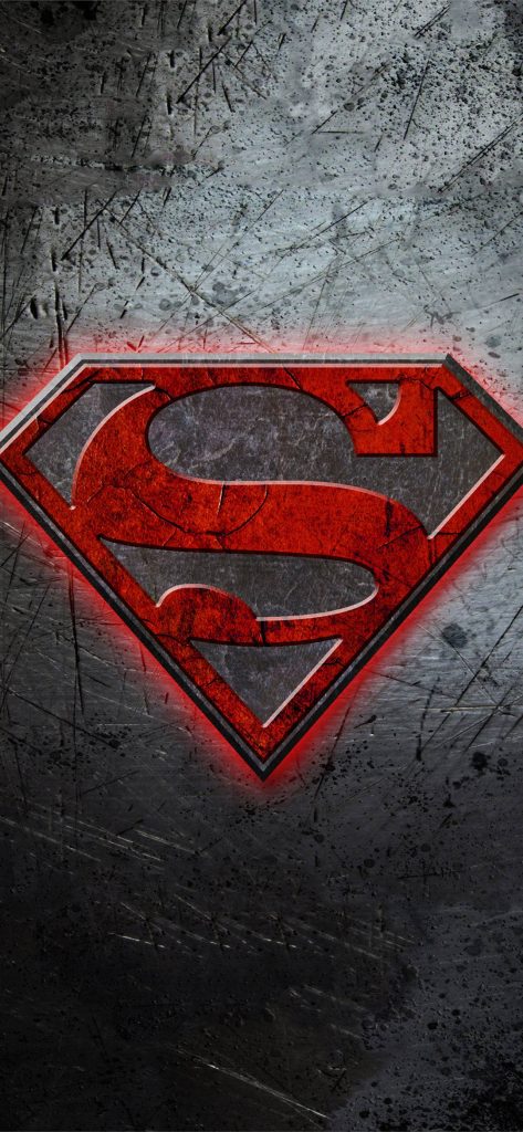 Superman logo glowing red S shield on dark scratched metal background iPhone wallpaper