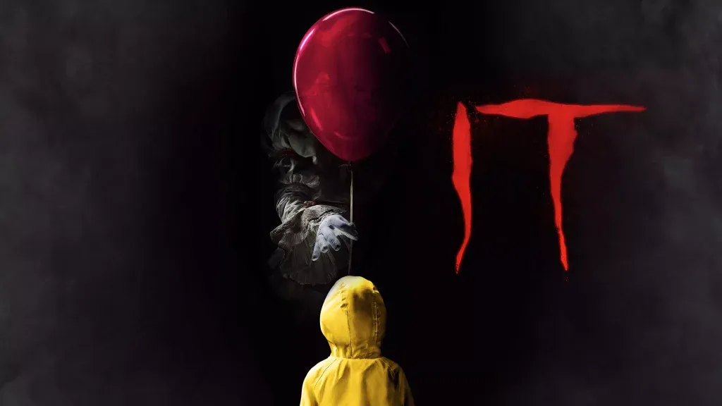 Stephen King IT wallpaper red balloon Pennywise clown reaching child yellow raincoat dark background
