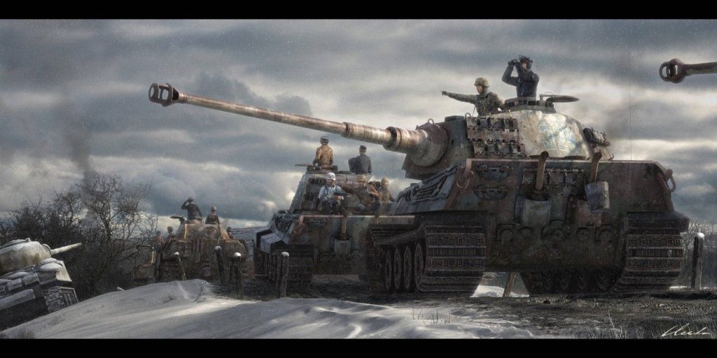 Cinematic King Tiger tank leading armor column in snowy WWII winter battlefield illustration Wallpaper