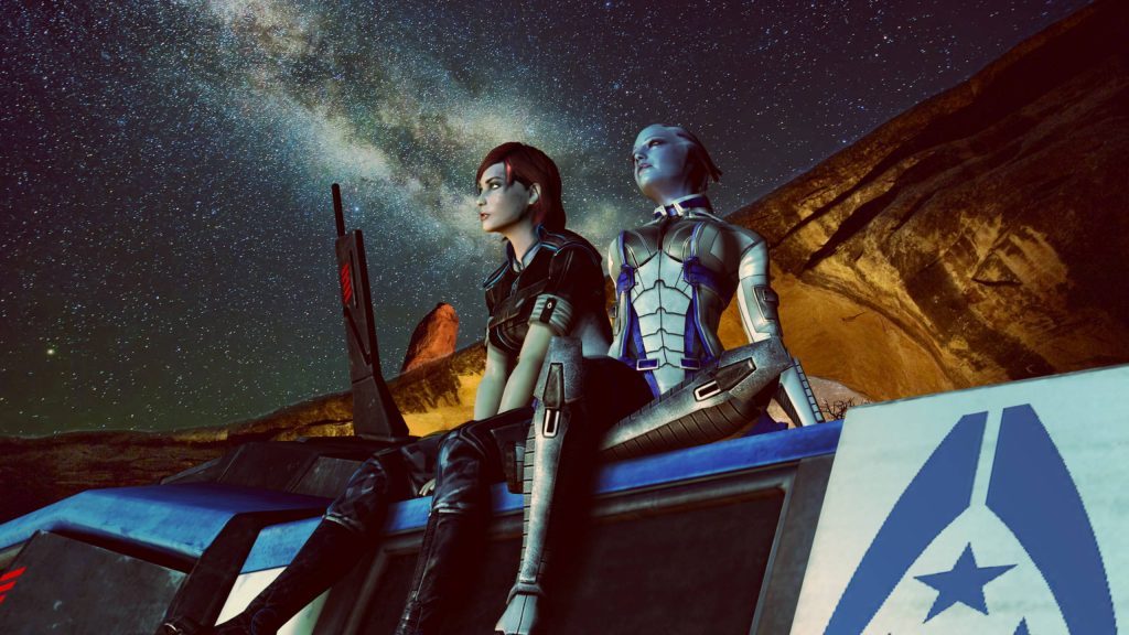 Commander Shepard and Liara T'Soni stargazing on vehicle under vibrant galactic night sky sci fi wallpaper