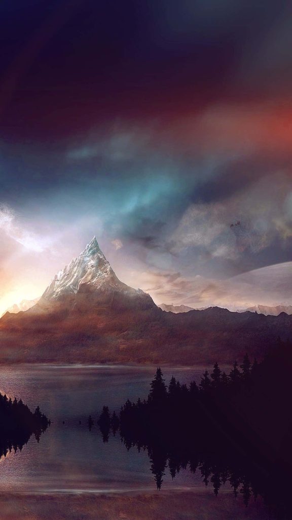 Cinematic iPhone wallpaper of snow-capped mountain reflected in calm lake with forest silhouettes