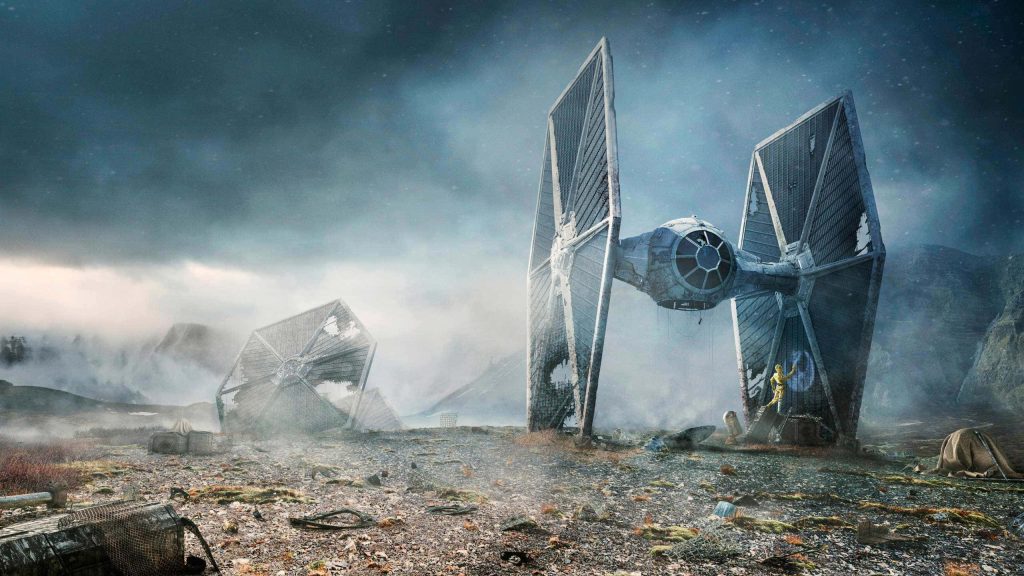 Star Wars cinematic scene with C-3PO R2-D2 and damaged Imperial TIE fighter in foggy landscape Wallpaper