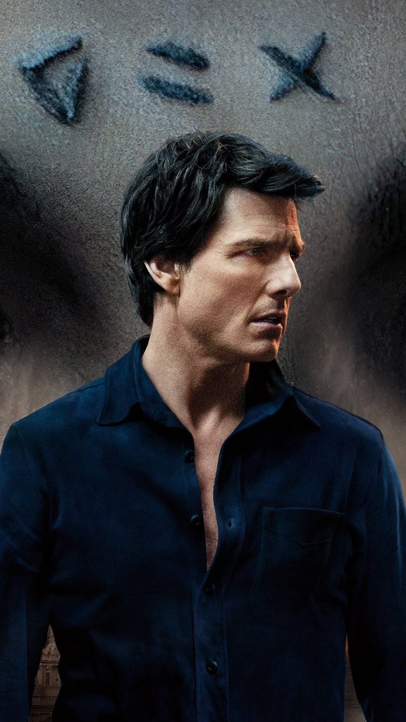 Tom Cruise cinematic side profile portrait in dark blue shirt with warm lighting and stone background Wallpaper