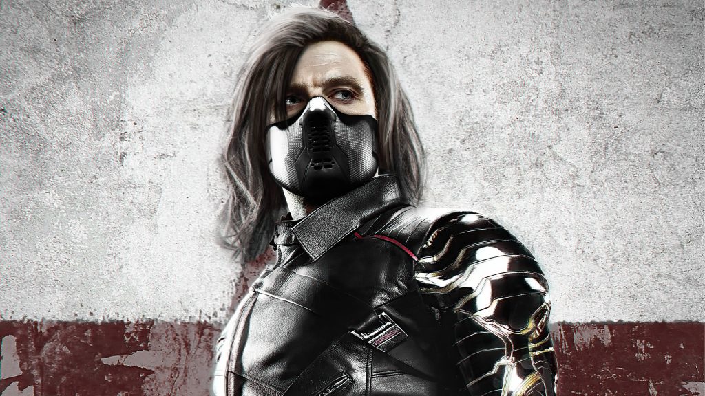 Bucky Barnes Winter Soldier wallpaper with tactical mask leather jacket metallic arm and red wall