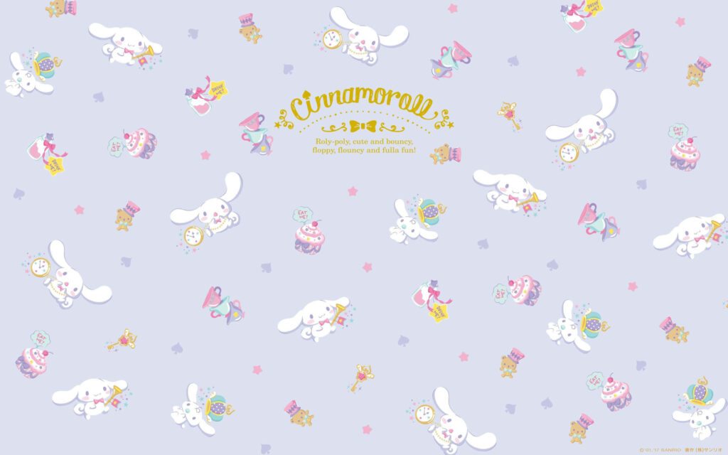 Cinnamoroll in Alice in Wonderland wallpaper with pastel lavender clocks tea cups and magical treats