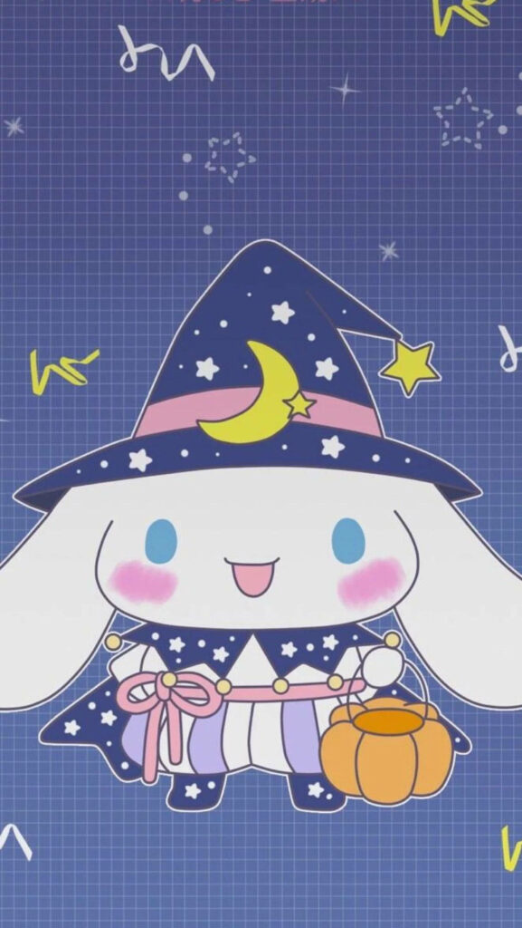 Cinnamoroll in wizard costume with starry hat magic wand on whimsical blue grid background Wallpaper
