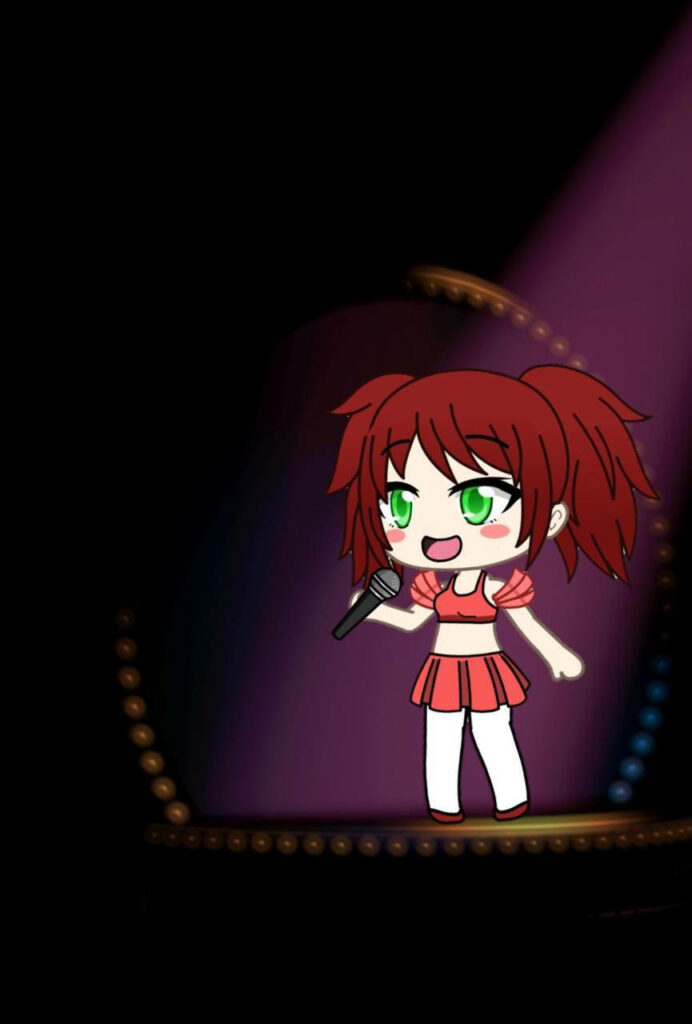 Chibi Circus Baby with red hair and microphone on stage under purple spotlight digital wallpaper