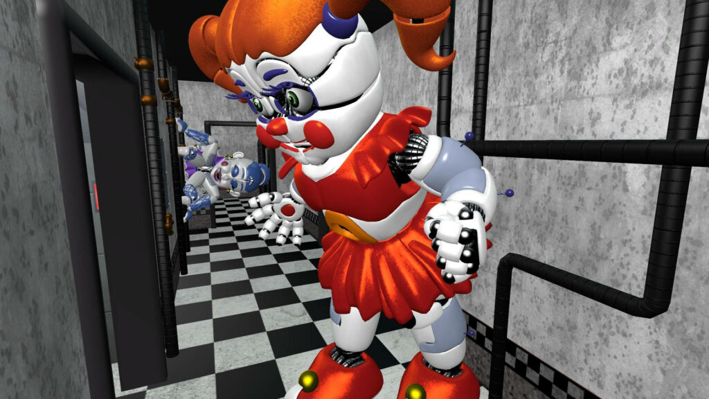 Circus Baby animatronic in dark industrial hallway Five Nights at Freddy's 3D wallpaper background
