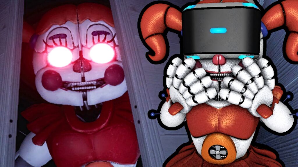 Circus Baby animatronic with red laser eyes in vibrant red and white futuristic wallpaper background