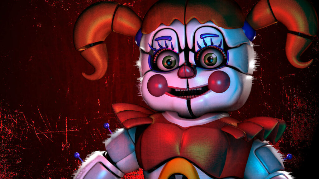 Circus Baby FNAF wallpaper with glowing green eyes red pigtails detailed animatronic design