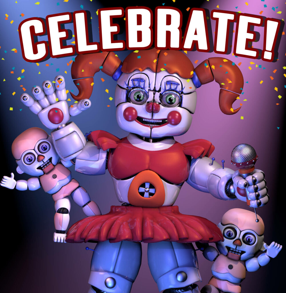 Circus Baby FNAF wallpaper joyful celebration with confetti colorful lights and mini-animatronics
