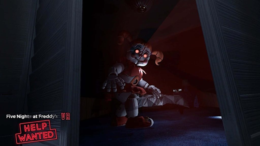 Circus Baby animatronic with glowing red eyes in dark bedroom FNAF VR Help Wanted wallpaper