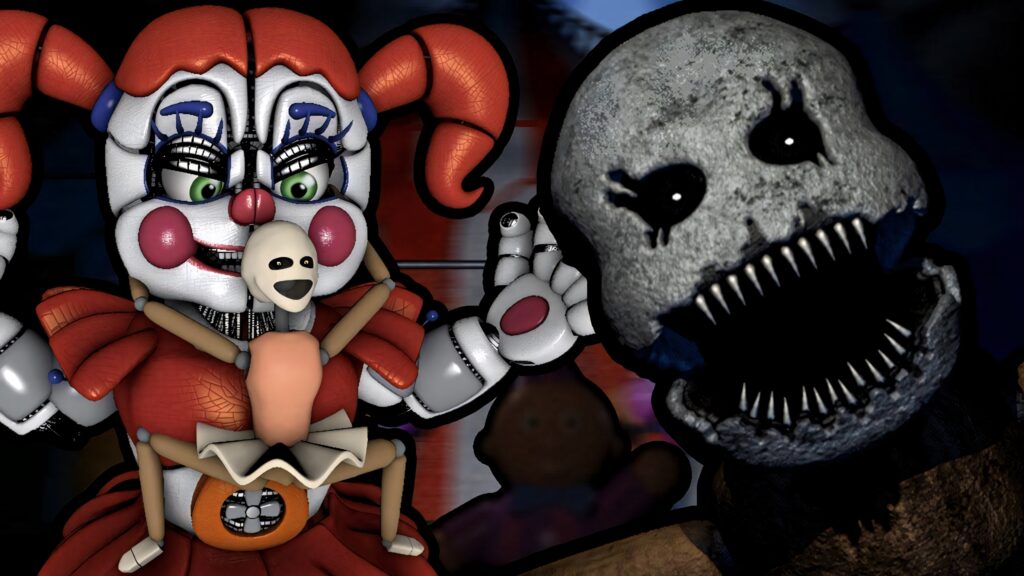 Circus Baby nightmare style Five Nights at Freddy's wallpaper with sharp teeth animatronic face