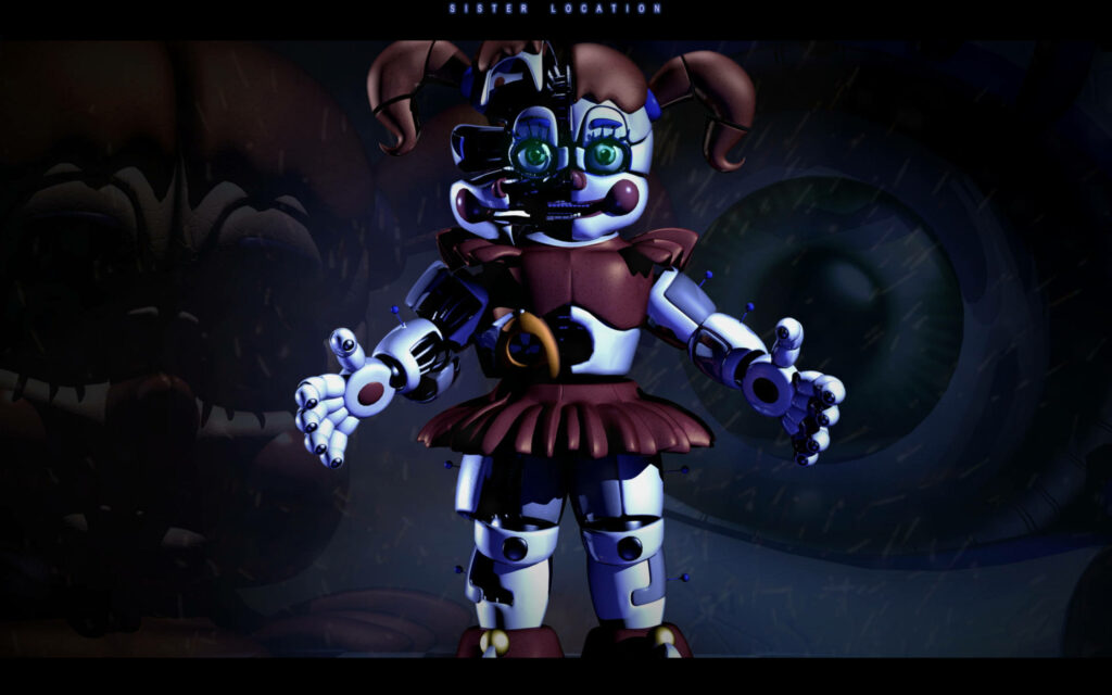 Circus Baby animatronic digital art wallpaper with exposed mechanics red dress dark background