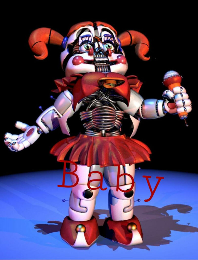 Circus Baby animatronic on spotlighted stage holding microphone vivid red outfit Five Nights at Freddy’s Wallpaper