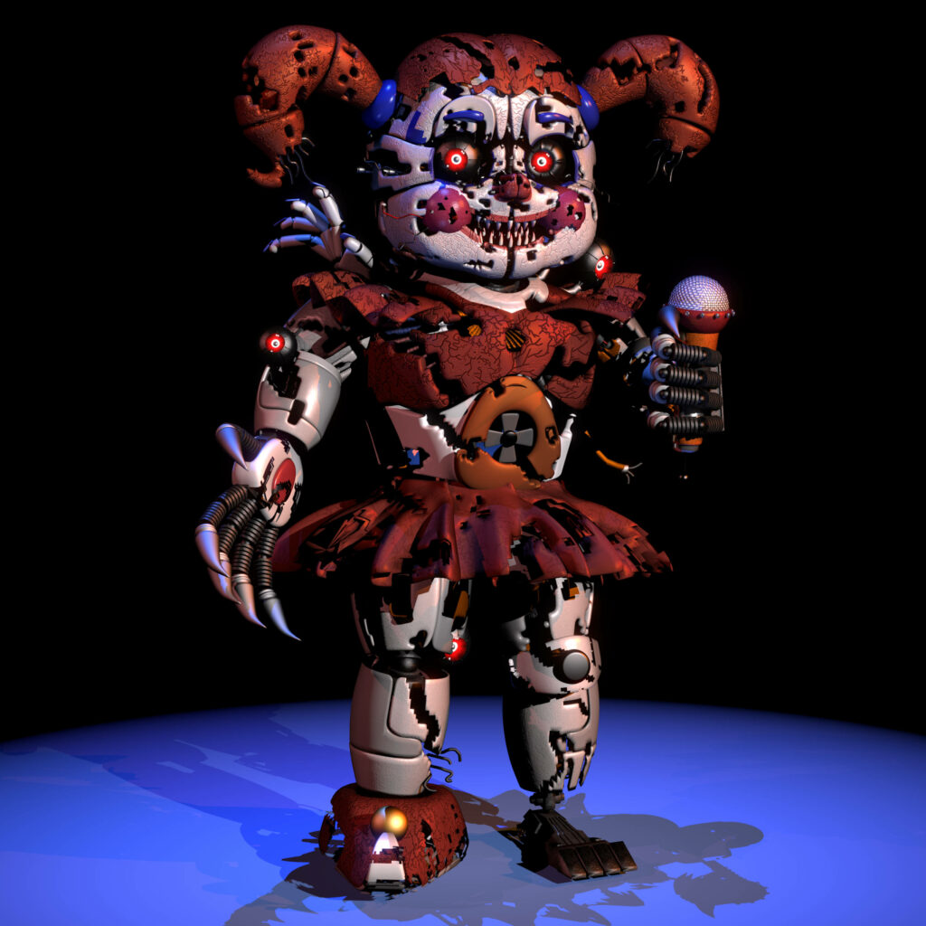 Circus Baby under blue spotlight with glowing red eyes and eerie animatronic details wallpaper