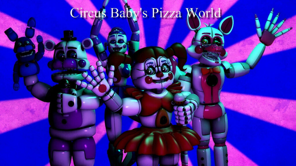 Circus Babys Pizza World animatronics under blue purple lights five nights at freddys wallpaper