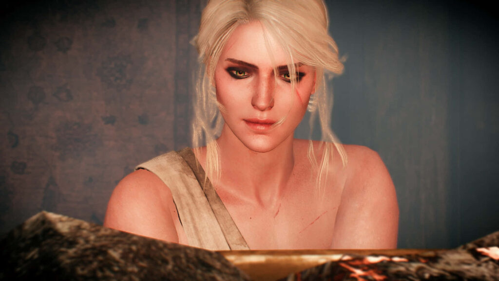 Ciri contemplative portrait with green eyes pale hair battle scars warm light rustic background wallpaper