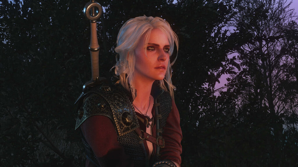 Ciri from The Witcher 3 gripping sword in twilight forest with white hair and detailed armor Wallpaper