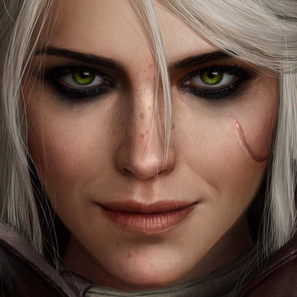 Ciri from The Witcher cinematic portrait with green eyes silver hair and facial scar wallpaper