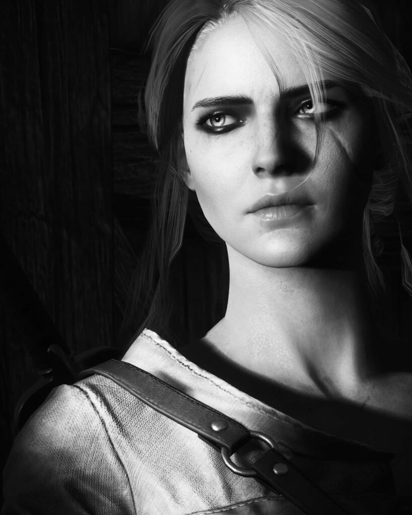 Monochrome portrait of Ciri from The Witcher with intense gaze and detailed grayscale features Wallpaper