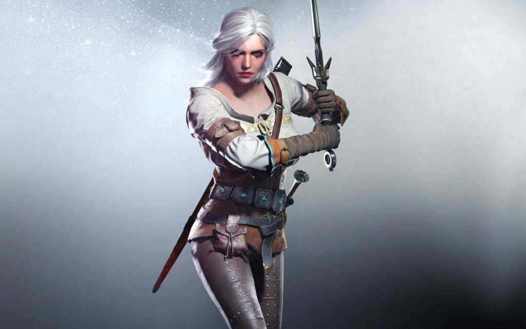 Ciri from The Witcher in dynamic pose with sword icy background white hair leather armor wallpaper