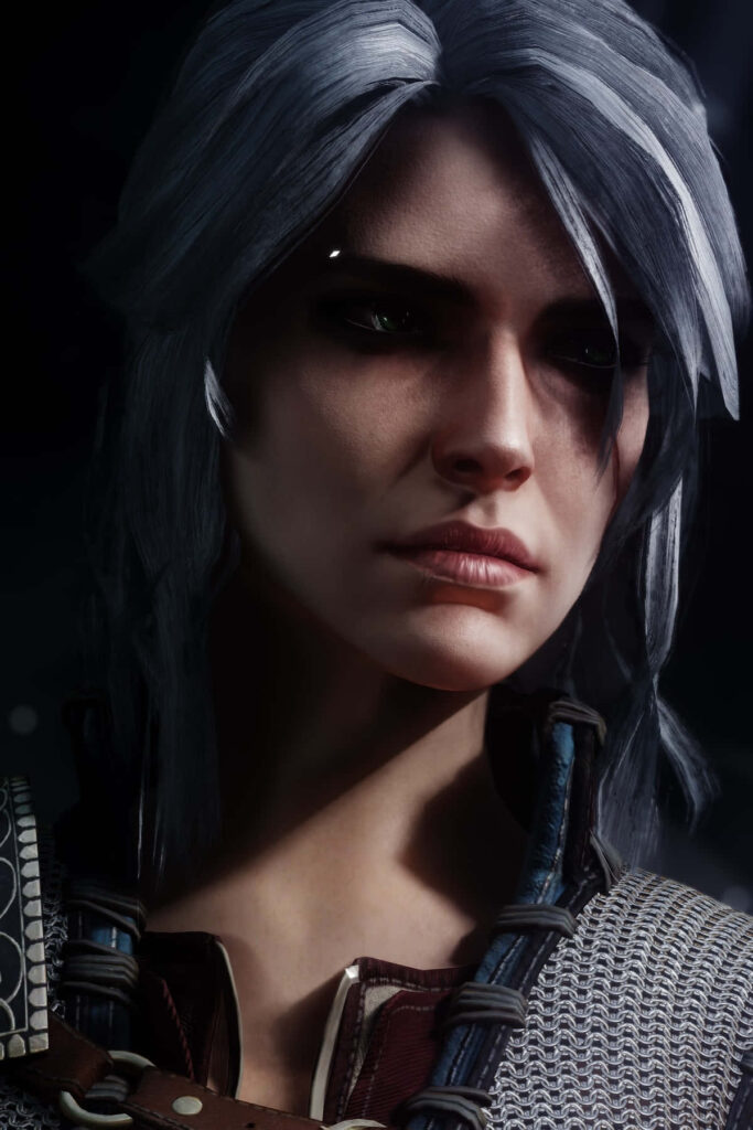 Ciri from The Witcher with silver hair fierce gaze detailed armor dark moody background wallpaper